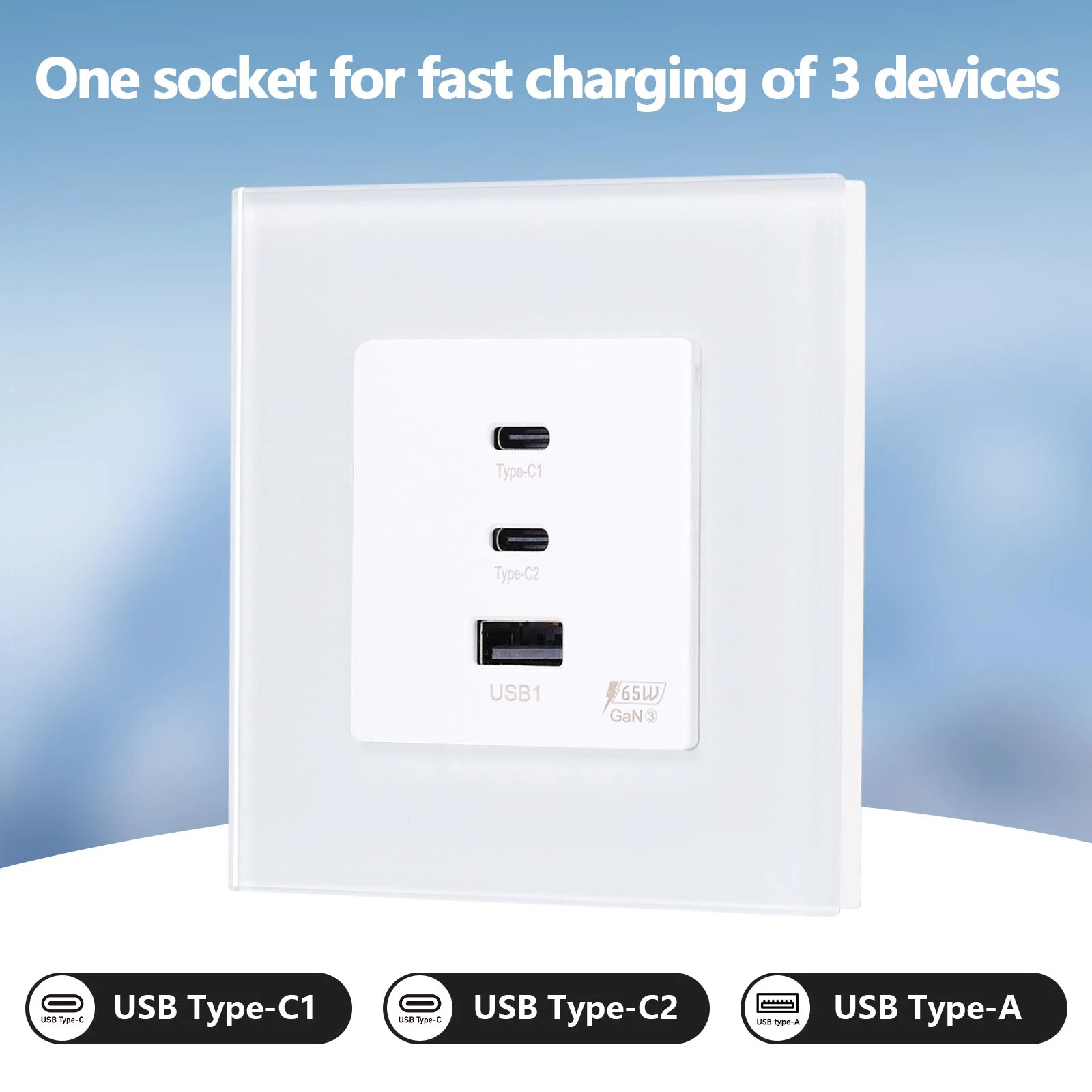 Bingoelec Universal Socket 100V-240V 65W PD Fast Charge Port USB Type-C Quick Charge Adapter Glass Panel for Phone Computer