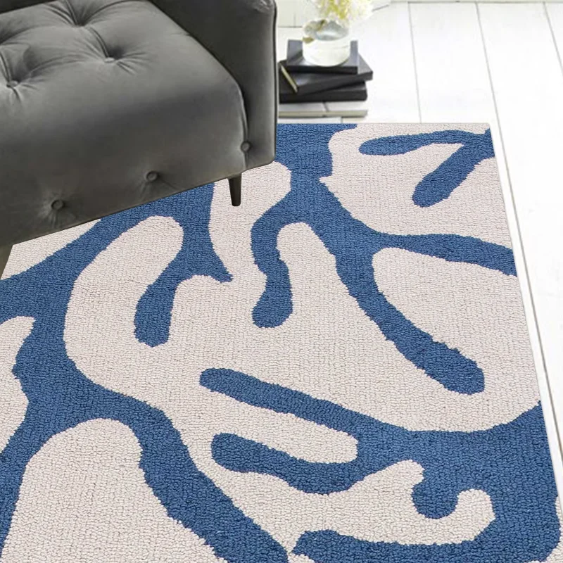 Durable Rugs for Bedroom 8' Ivory Blue Hand Hooked Carpet Coral Reef Indoor Runner Rug Living Room Decoration