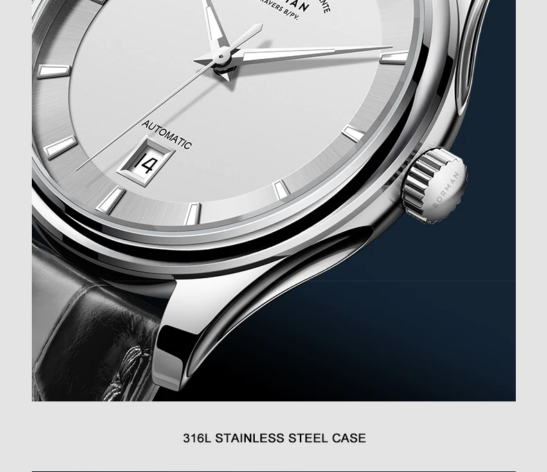 BORMAN Relógio Automático Masculino 39mm Relógio de Pulso Mecânico Ultrafino 5Bar À Prova D 'Água Safira Luminosa