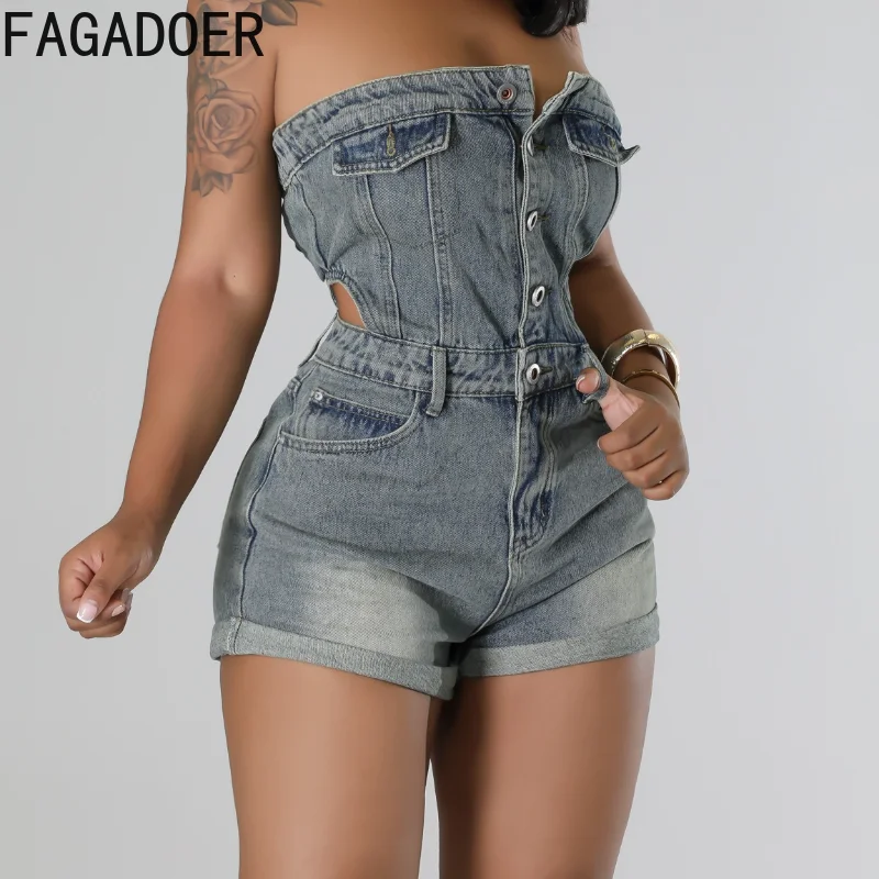 FAGADOER Retro Fashion Denim Romper Women Backless Hollow Out Patchwork One Piece Playsuit Jumpsuit Female Streetwear Overalls