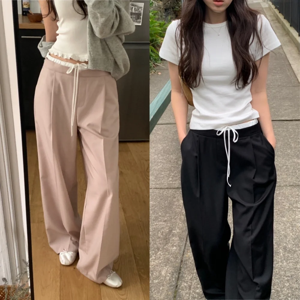 

Ретро-брюки в корейском стиле с завязками и цветовыми блоками, повседневные брюки с двойным поясом для женщин, весна-осень-зима