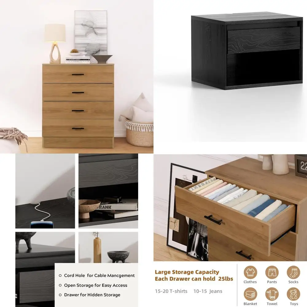 

Modern Tall 4-Drawer Nightstand with Storage for Bedroom, Natural Wood Bedside Table, End Side Table for Modern Home