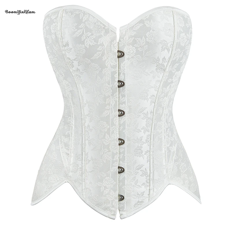 12 Elastic Boned Steampunk Gothic Corselet Floral Jacquard Lace Up Boned White Corset Top With 6 Brooches For Women