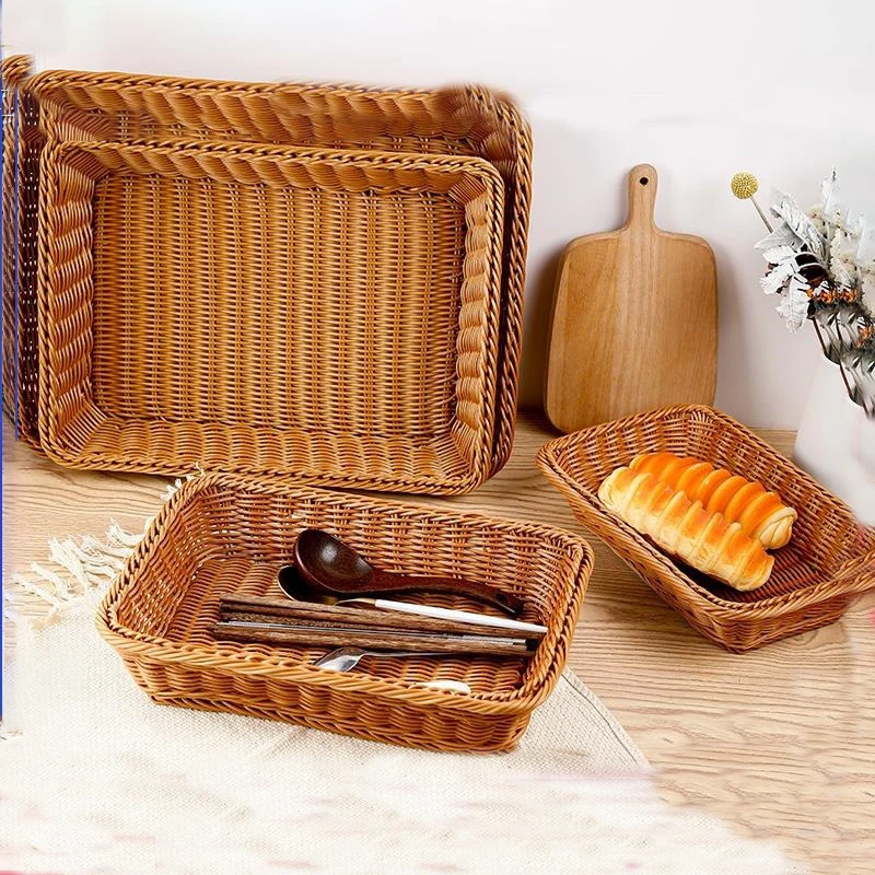 Imitation Rattan Storage Basket Rectangular Fruit Bread Basket Desktop Snack Storage Box Plastic Woven Basket Kitchen Storage