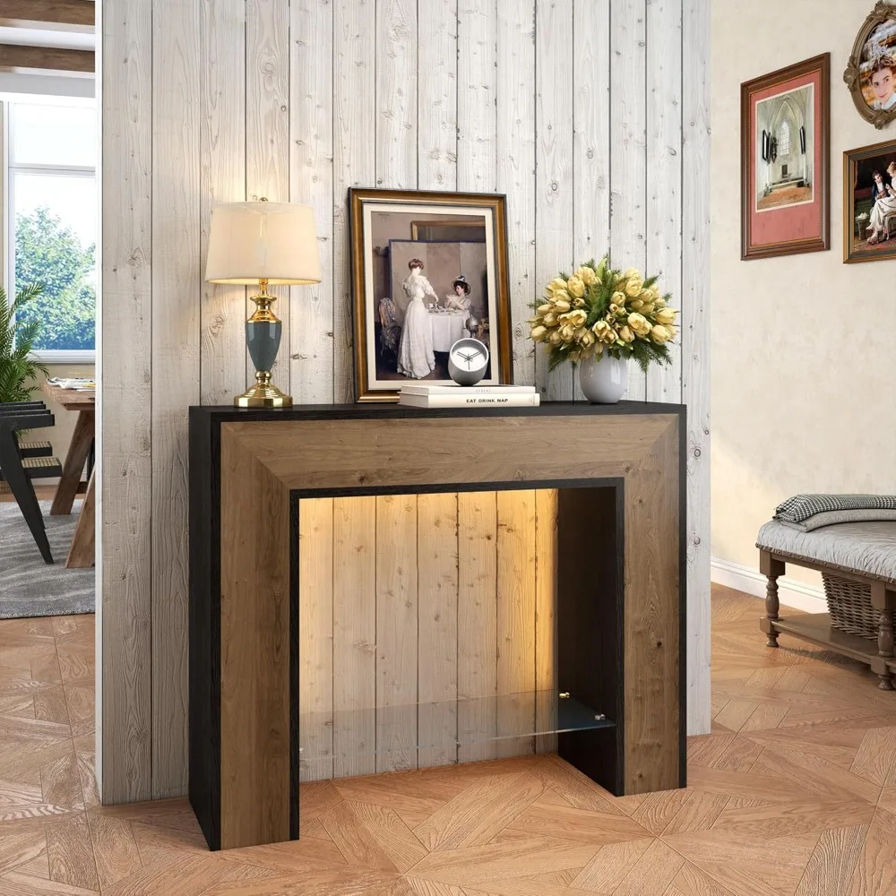 

Прочный 41-дюймовый консольный столик для прихожей со светодиодной подсветкой, 2-уровневый узкий диван-стол в фермерском доме за диваном со стеклянной открытой полкой, Рус