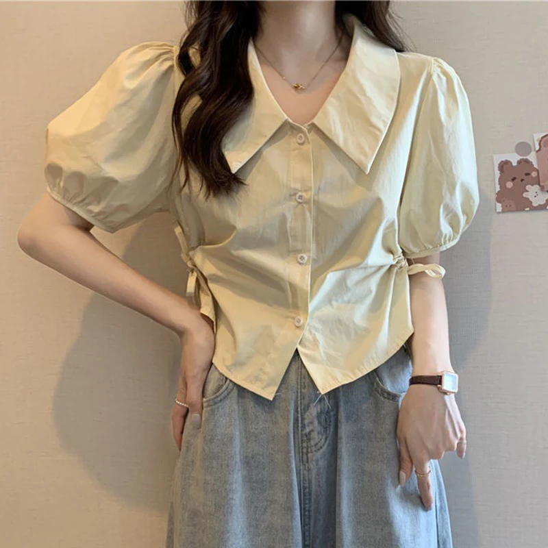 Gidyq Y2K Women White Shirts Summer Fashion Lace Up Shirring Female Short Sleeve Tops All Match Cropped Puff Sleeve Blouse