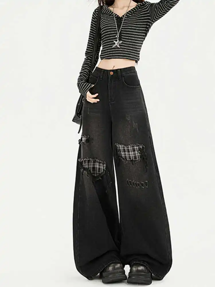 

Американские ретро-джинсы в клетку с пэчворком для женщин, весна 2026, с высокой талией, облегающие, свободного кроя, с имитацией дыр, широкие брюки