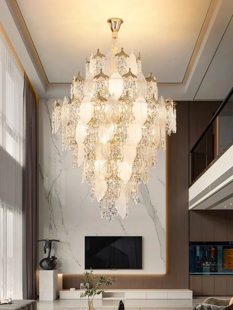 French villa duplex chandelier Modern light luxury hotel lobby living room light jump floor middle floor crystal chandelier