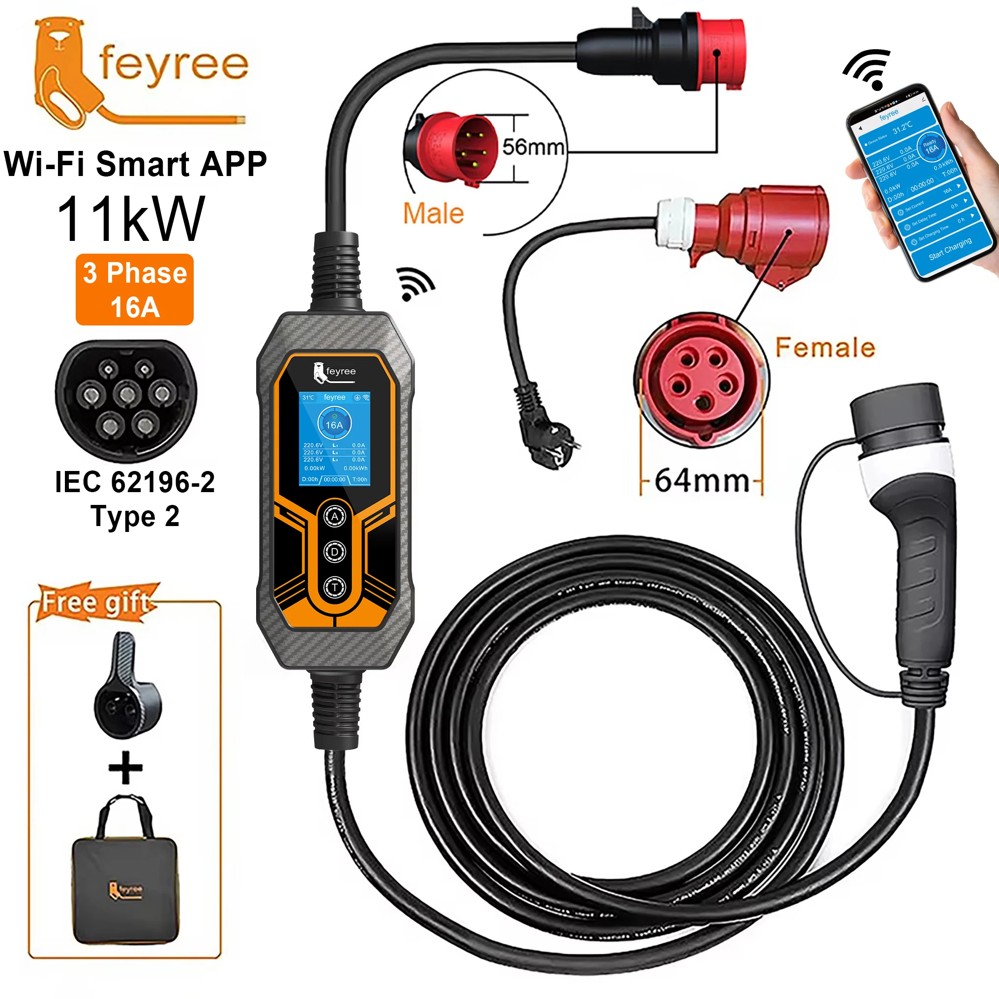 Feyree 3-fazowa przenośna łado – Type 2 Portable Ev Charger 11Kw Cee recenzja i cena