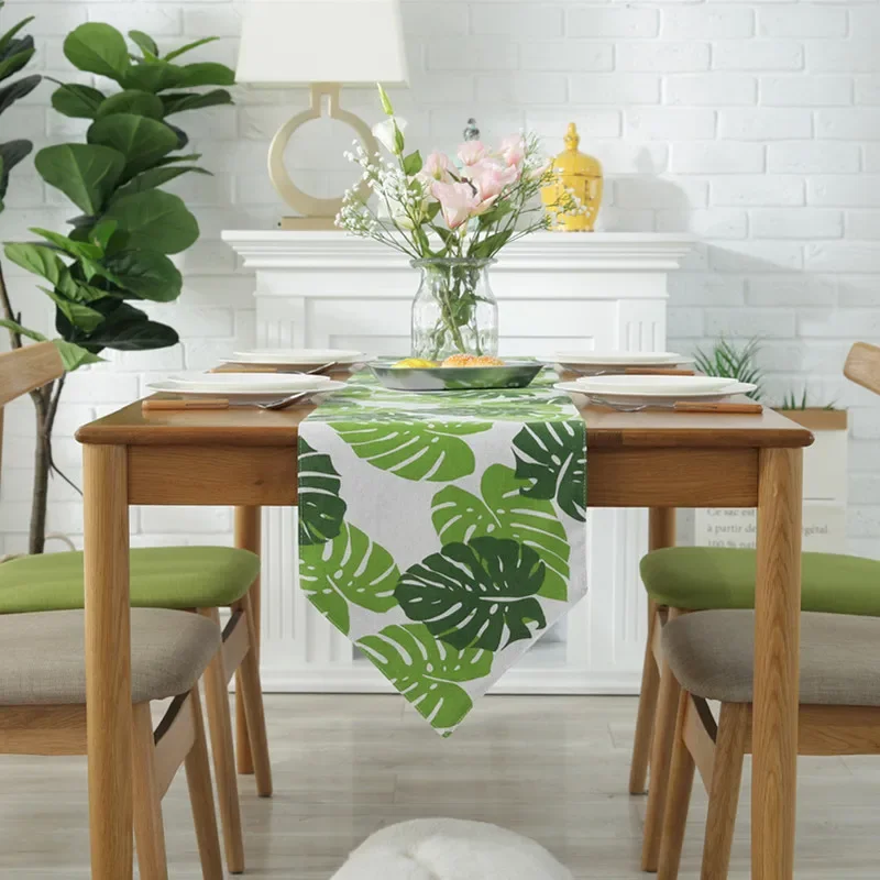 Green Leaf Linen Table Runner Seasonal Farmhouse Dresser Scarf Table Decor Holiday Wedding Party Kitchen Dining Table Decoration