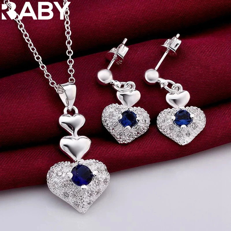 Hot Noble blue crystal heart 925 sterling Silver pendant necklace earring Jewelry sets for Woman classic fashion party fine gift