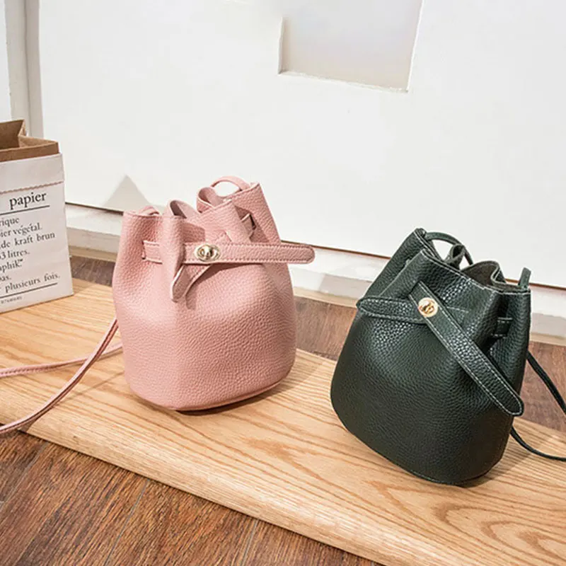 Korean PU Leather Bucket Bag Ladies Shoulder Bag Solid Color wild Drawstring Bag Large Capacity Messenger Bag Handbag