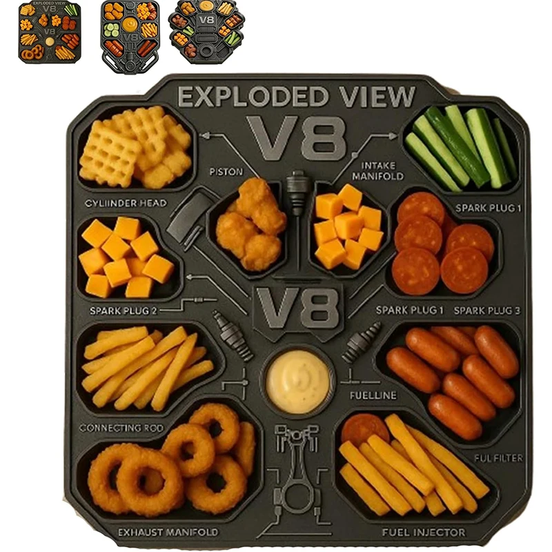

V8 Engine Food Platter Multi-Compartment Snack Serving Tray Family Party Food Plate for Car & Engine Lovers