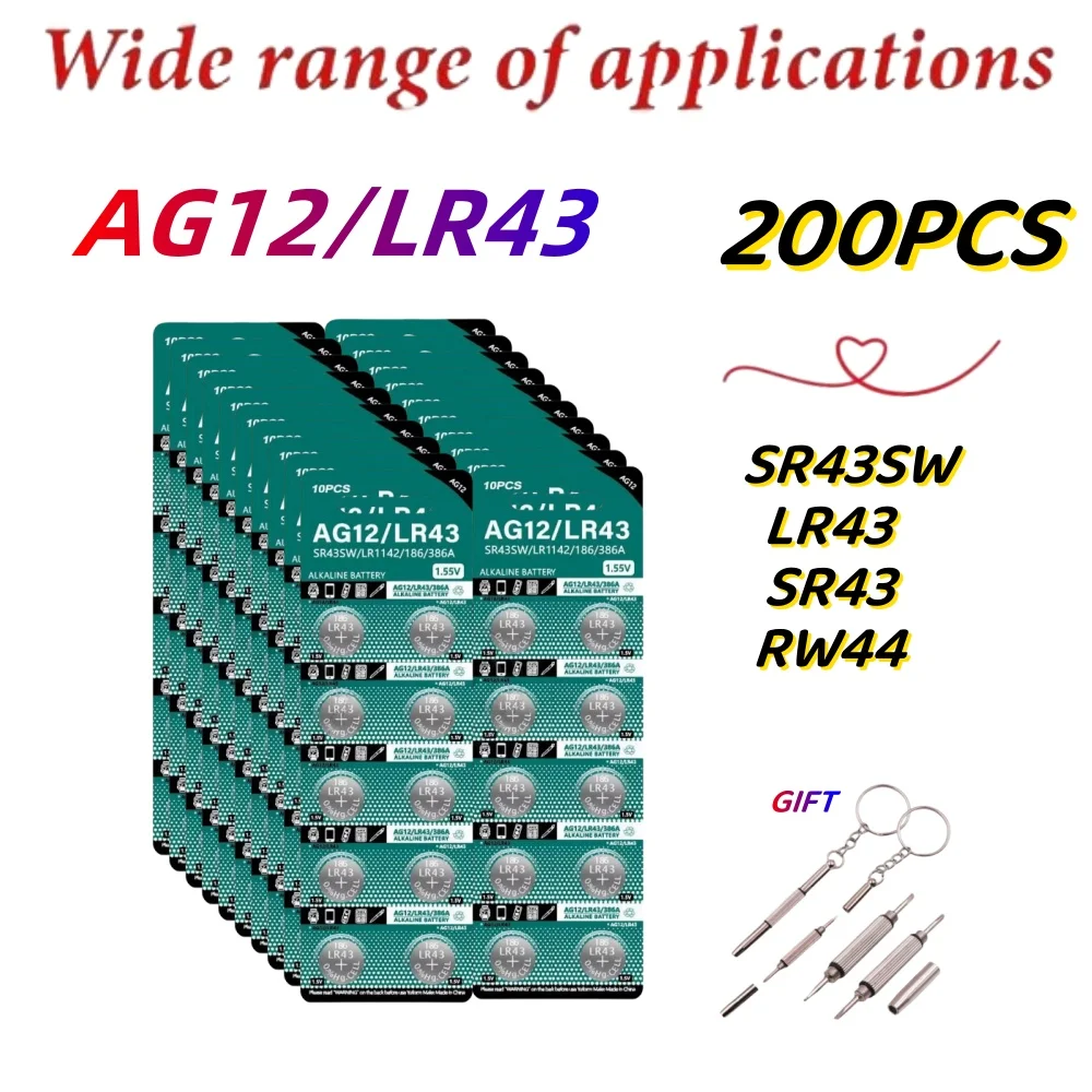 200 шт. AG12 SR43 SR43SW LR43 кнопочные батарейки 110 мАч V12GA SR1142 386A RW44 1,5 В щелочные батарейки типа «таблетка» для батареи часов