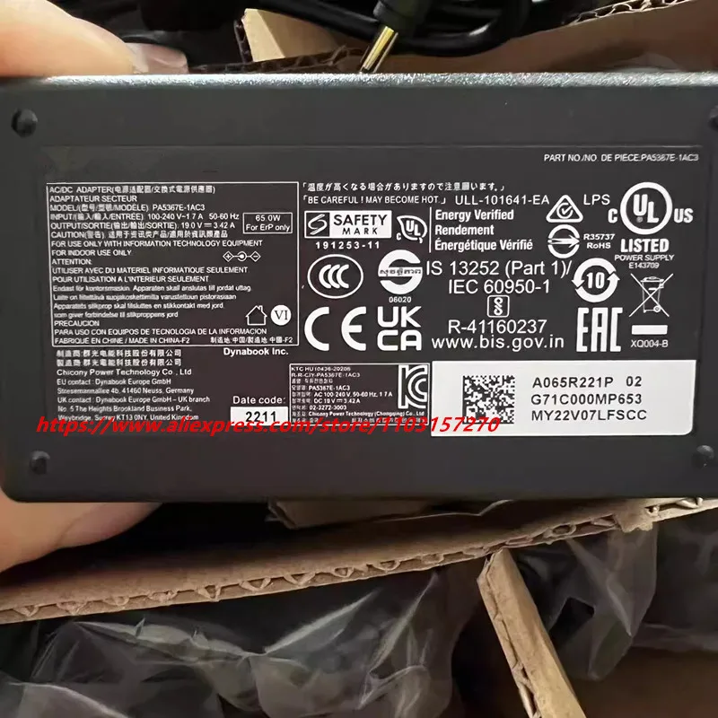 حقيقي PA5367E-1AC3 PA5367U-1ACA محول التيار المتردد 19 فولت 3.42A 65 واط A065R220P ل Dynabook الأقمار الصناعية برو L40-G محول الطاقة 3.5x1.35 مللي متر