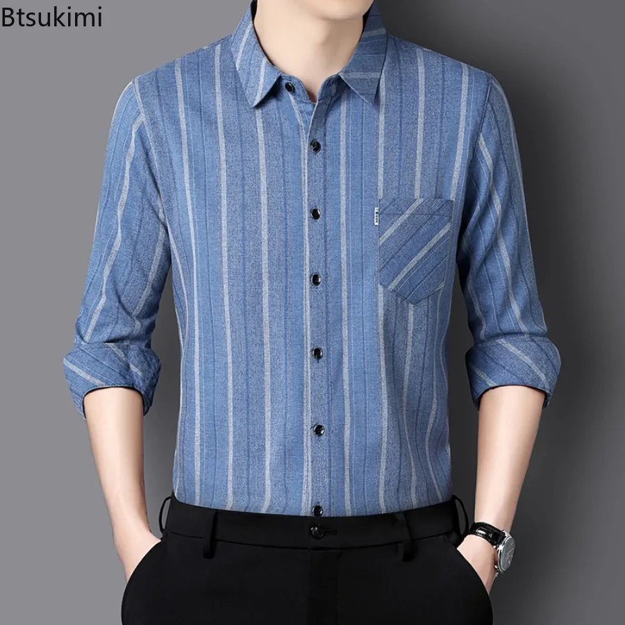 

Men's Striped Business Casual Long Sleeved Shirts Turndown Collar Wrinkle Resistance Comfortable All Season Versatile Tops Male