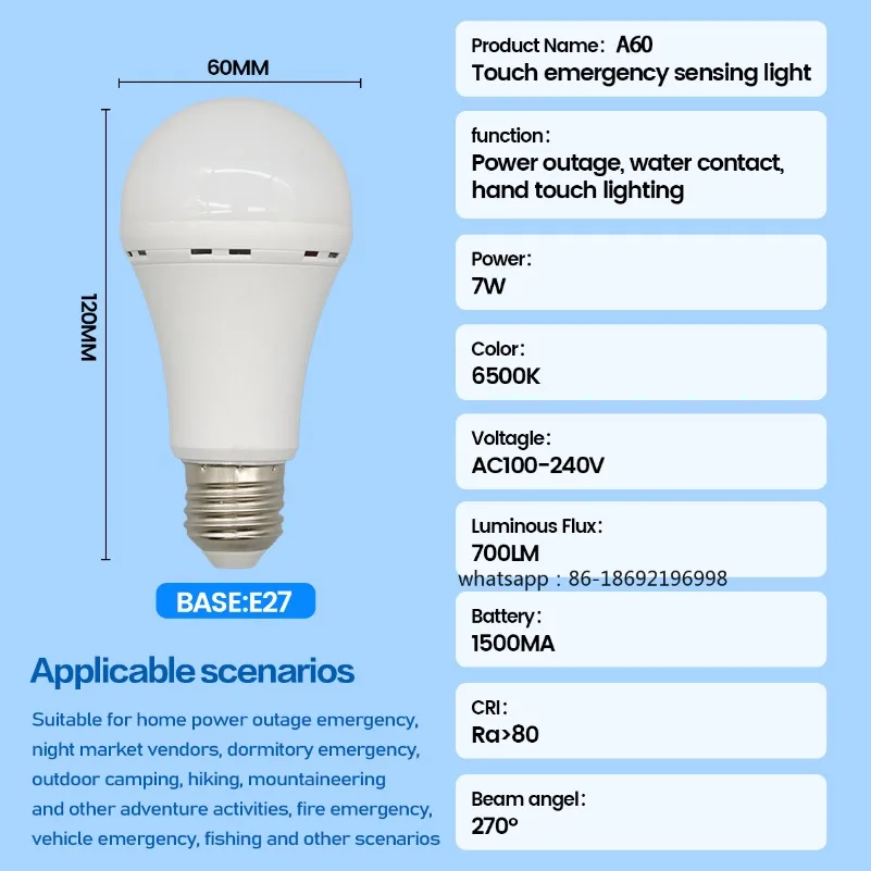 LED Rechargeable Bulb Light E27 7W 1500mAh Emergency Bulb 220V 110V for Home Power Outdoor Camping Failure Porch Garden Lamp