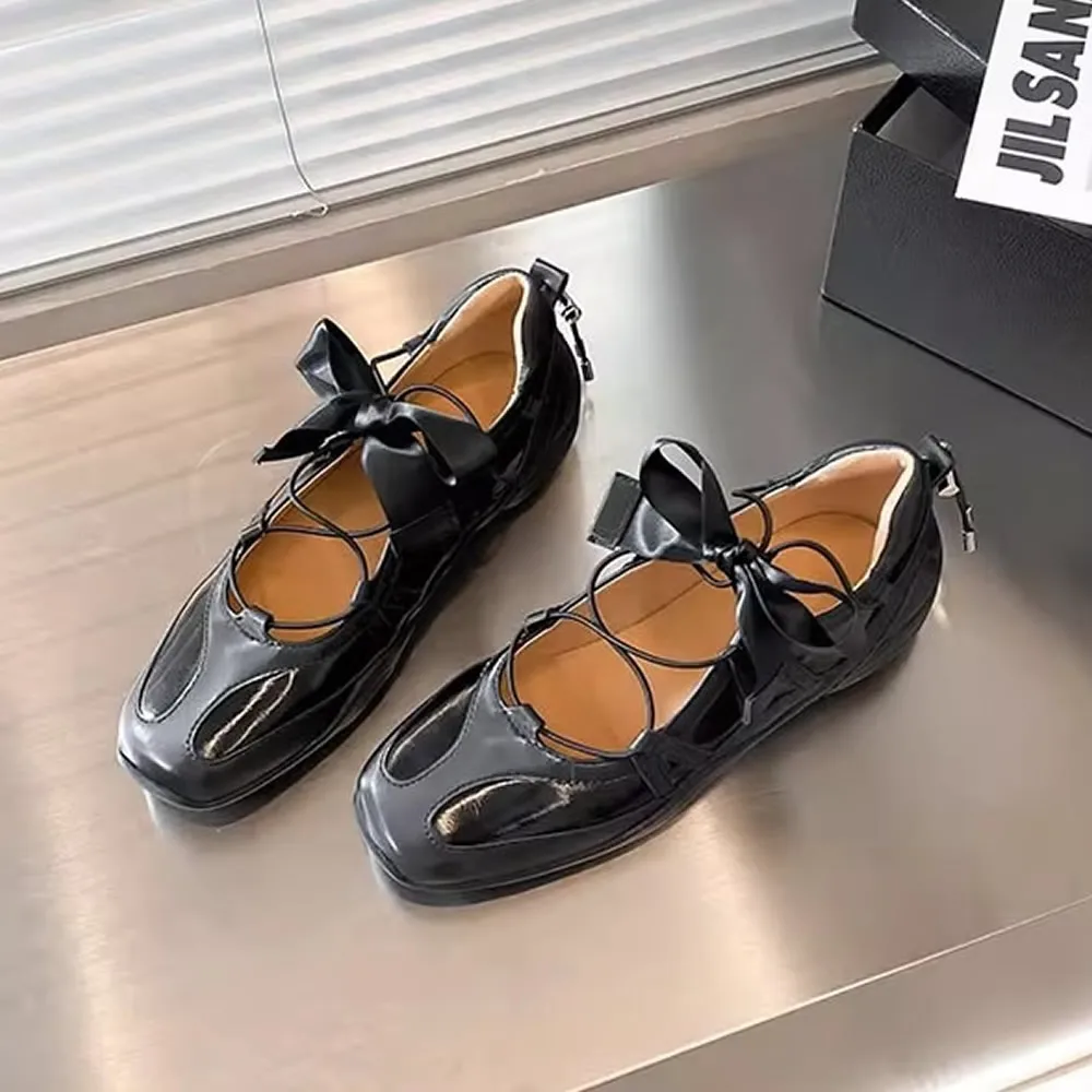 

Ballet Flat Sneakers Women's Thick Bottom Bowknot Hollow Out Shoes Fashion Designer Mary Jane Ballet Comfort Shoes Female