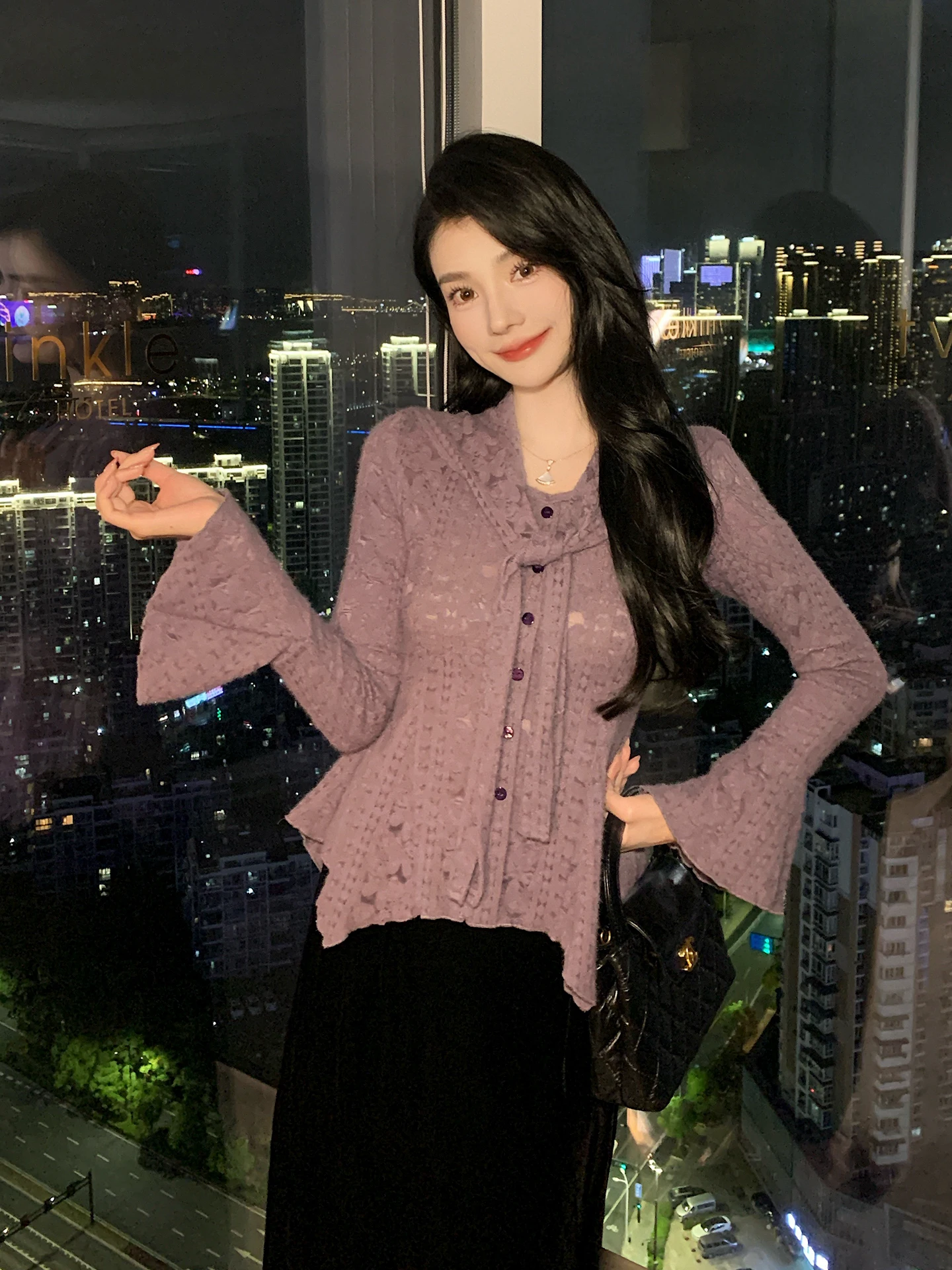 

Комплект Ele Purple Lace irt And Bla Velvet Skirt с расклешенными краями для женщин, осенне-зимний ансамбль Faion с высокой талией