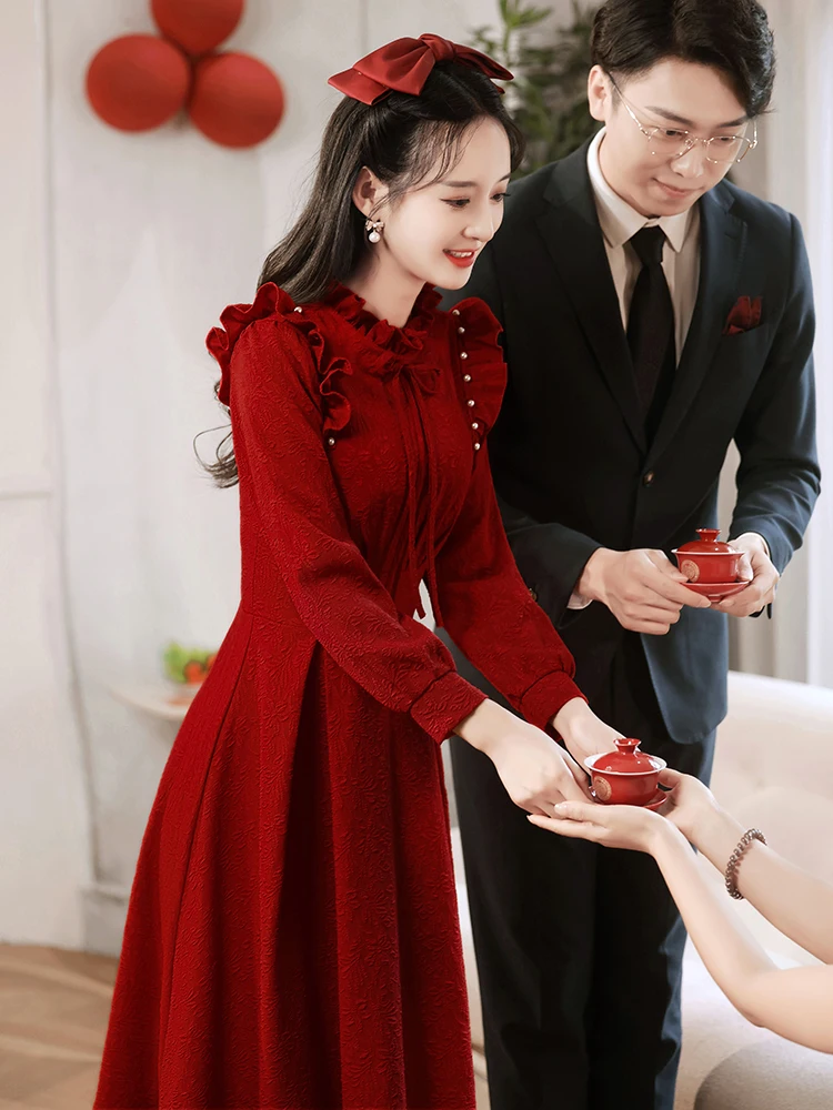 

Red Wedding Dr Korean Sle A-Line Skirt Long Sve mid Waist Pearl Embellied Engagement Par Bridal Gown for Women