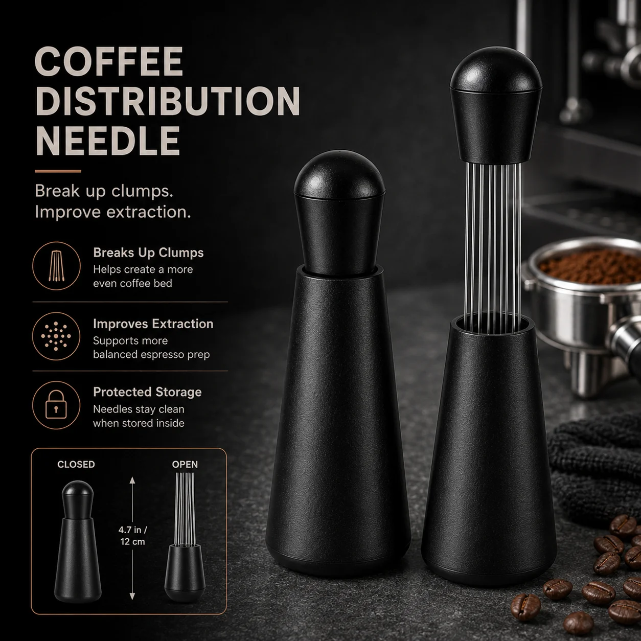 One espresso stirrer, a coffee needle for bulk coffee powder, and a WDT tool for even grinding and smooth extraction.