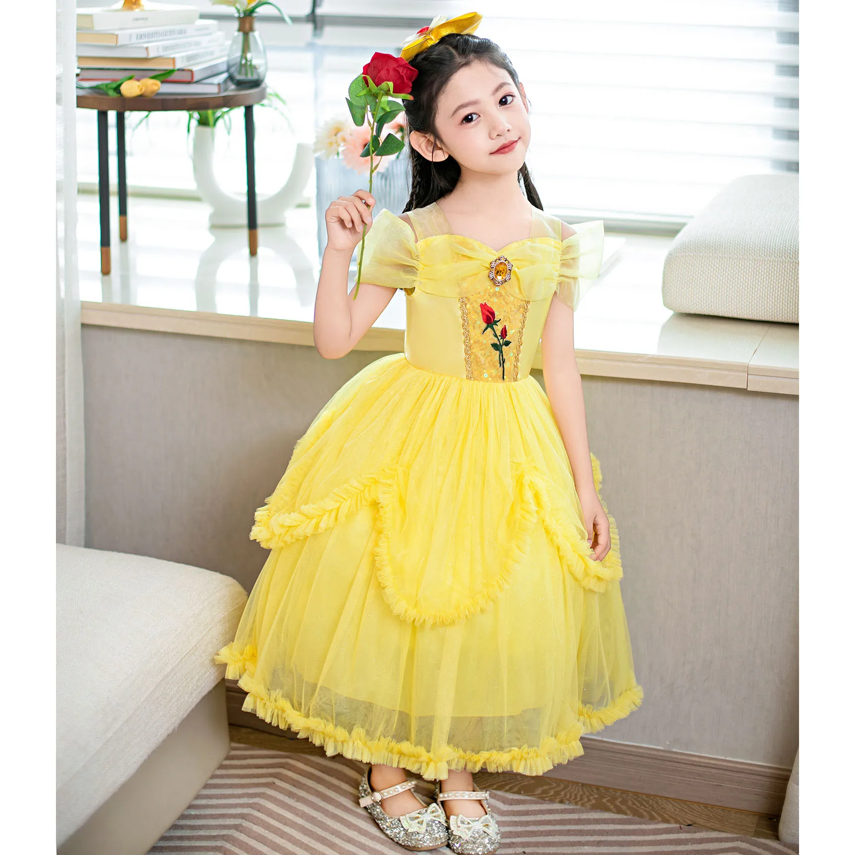 

Shiny Toddler Little Girls Movie Beauty and the Beast Princess Bella Yellow Cosplay Halloween Dress