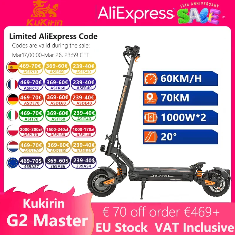 Magazzino UE Originale Kukirin G2 Master Scooter Elettrico 52V 20.8Ah 2*1000W Motore 60KM/H Velocità