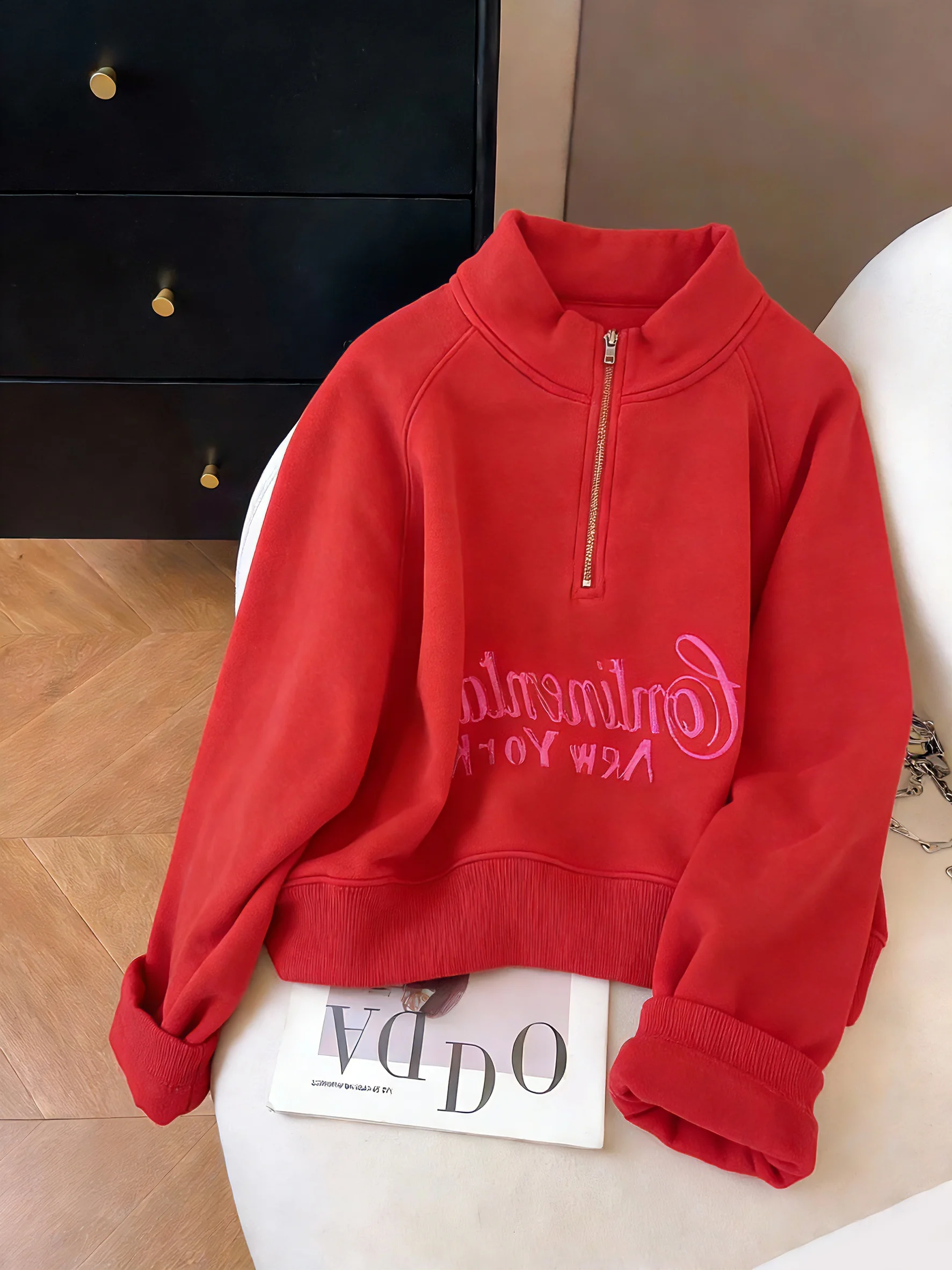 

Red Long Sve Hoodie Women's Spring Autumn Casual Stand Collar Zipper Design Versatile Comfortable Polyester Fiber Streetwear