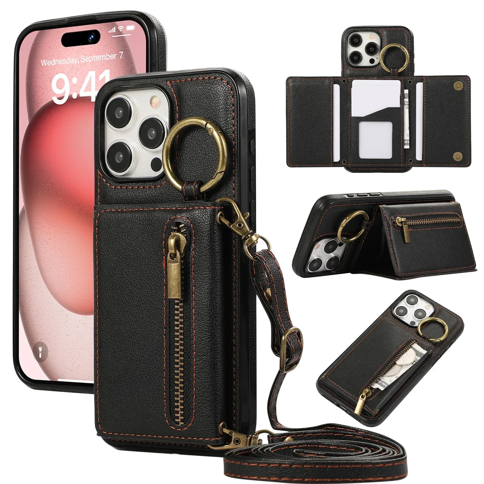 Crossbody Reißverschluss Brieftasche Kartenhalter Ledertasche für IPhone 15 16 14 13 12 11 Pro Max Plus 16 Pro IPhone 16 Frauen Cover Zubehör