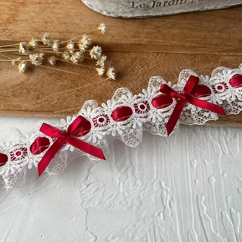 1 Yard doppellagiges Satinband im französischen Stil, bestickter Spitzenbesatz mit süßer Schleife, DIY-Hochzeitskleid-Material, Stoff-Spitzenband