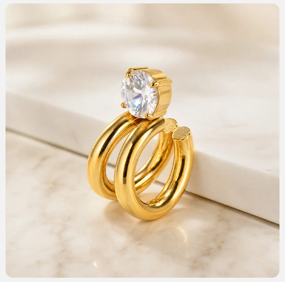 Vnox 18K Gold PVD-beschichteter AAA Zirkon Doppelschicht-Clip-Ohrring für Damen, Edelstahl, glänzende Kristall-Ohrringe, Partyschmuck – Detail 6