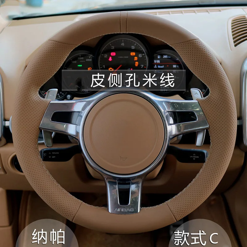

100% Fit For Porsche Cayenne Boxster Panamera 2012-2014 Hand Stitched brown Genuine Leather non-slip car Steering Wheel Cover