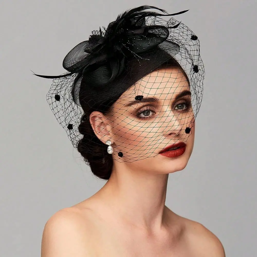 Feather Fascinator Hat With Veil For Tea Party Or Wedding