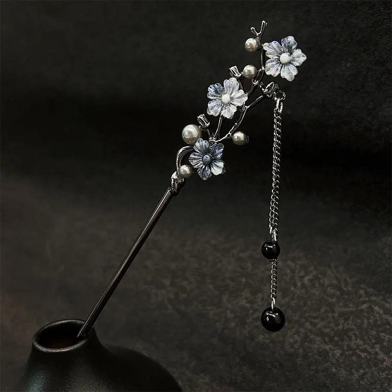 Classic Hair Stick Chopsticks Ink Color Flower Metal Fringe Hairpin For Women Pearl Black Beads Cheongsam Hair Bun Jewelry Gifts view 4