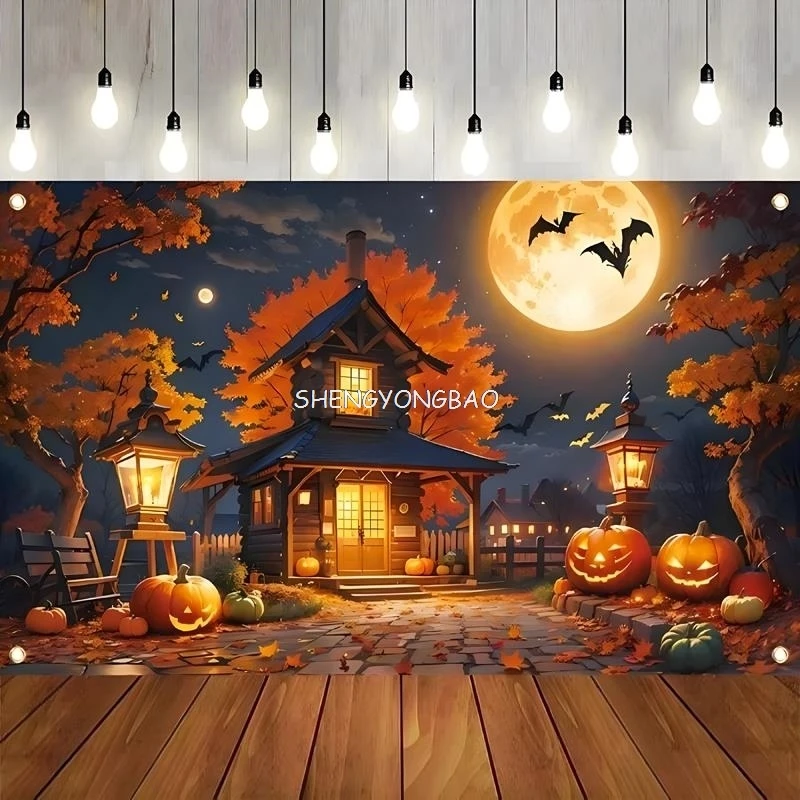 

Halloween Day Autumnal Pumpkins Photography Backdrops Props Maple Leaf Scarecrow Farm Harvest Thanksgiving Background RR-06