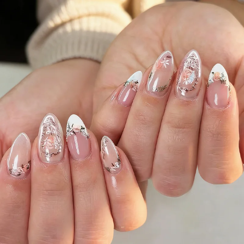 

24Pcs Mid-length Almond Press on Fake Nails with White French Bow Flower False Nails Art Reusable Finished Full Cover Nails Tips