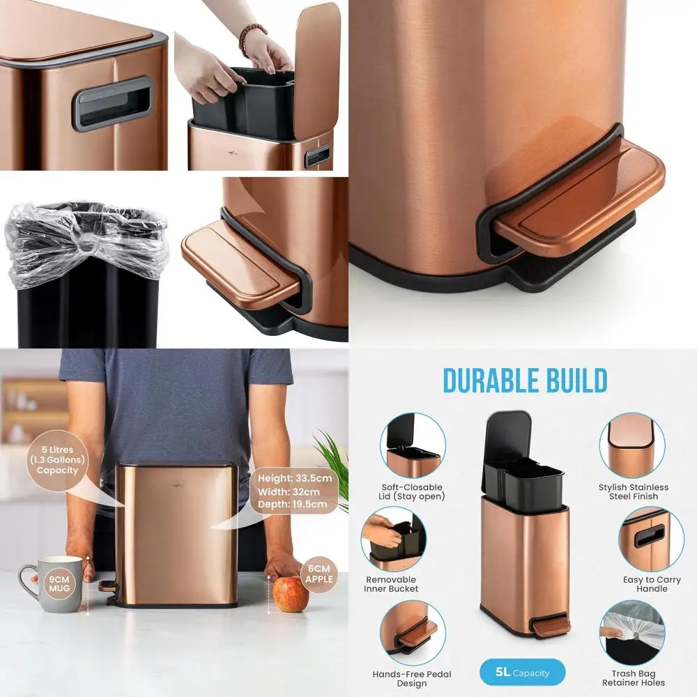 

Узкий компактный тонкий мусорный бак из нержавеющей стали емкостью 1,3 галлона с мягкой крышкой и съемным ведром