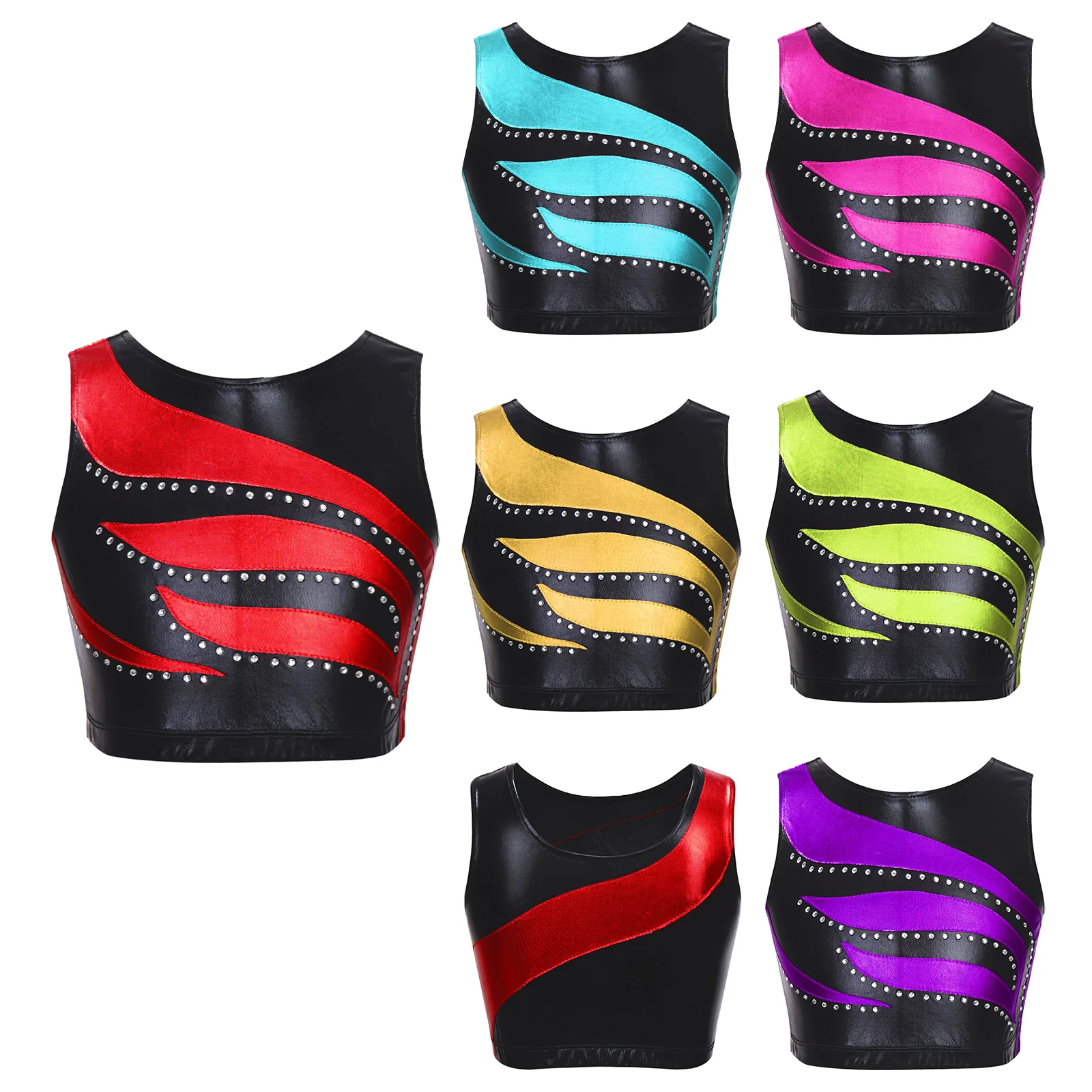 Kids Girls Ballet Dance Crop Tops Sleeveless Shiny Rhinestone Decorated Patchwork Style Sports Gymnastics Workout Dance Vest Top