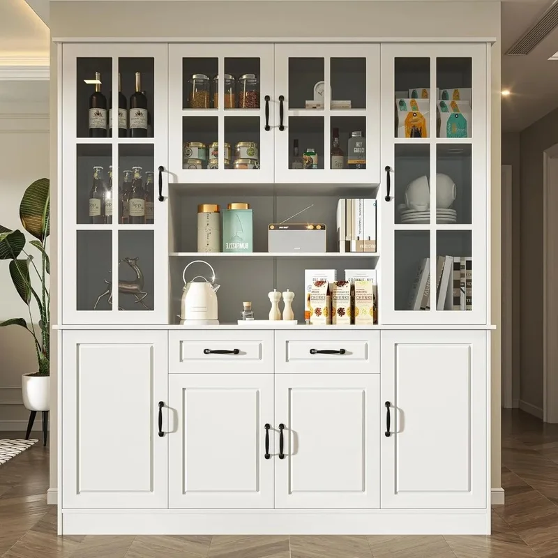 Large Kitchen Storage Hutch with Glass Doors, Featuring 2 Drawers and 5 Adjustable Shelves, Ideal for Pantry or China Storage