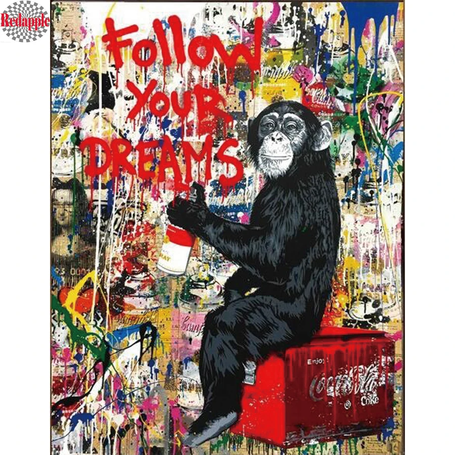 Creative Follow Your Dreams Graffit Diamond Paintings, monkey Wall Art Pictures, Diamond Embroidery Mosaic, Living Room, Home De