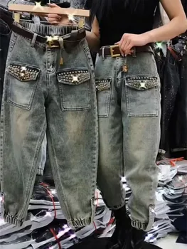 Sıcak sondaj gevşek Denim Harem pantolon kadınlar 2024 yeni bahar yüksek bel kot dökümlü pantolon 4XL