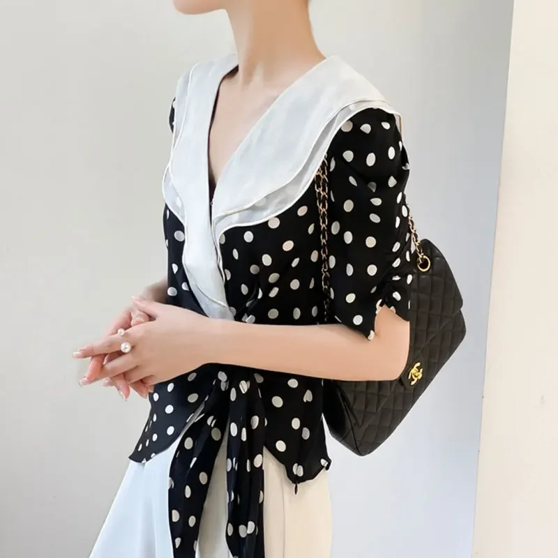 Büro Dame Rüschen V-ausschnitt Bluse Sommer Polka Dot Gedruckt Mode Kordelzug Grundlegende frauen Kleidung Koreanische Kurzarm Shirt