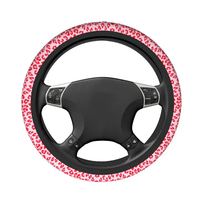 Leopard Print Red And Pink Steering Wheel Cover Animal Fur Skin Steering Wheel Protector Universal 37-38cm Car Accessories