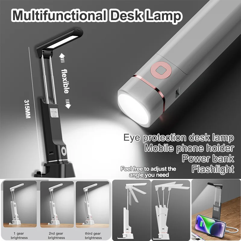 Multifunctional 4-in-1 LED Desk Lamps Rechargeable Detachable Flashlight Table Lamp Touch Dimmable Phone Holder Reading Light