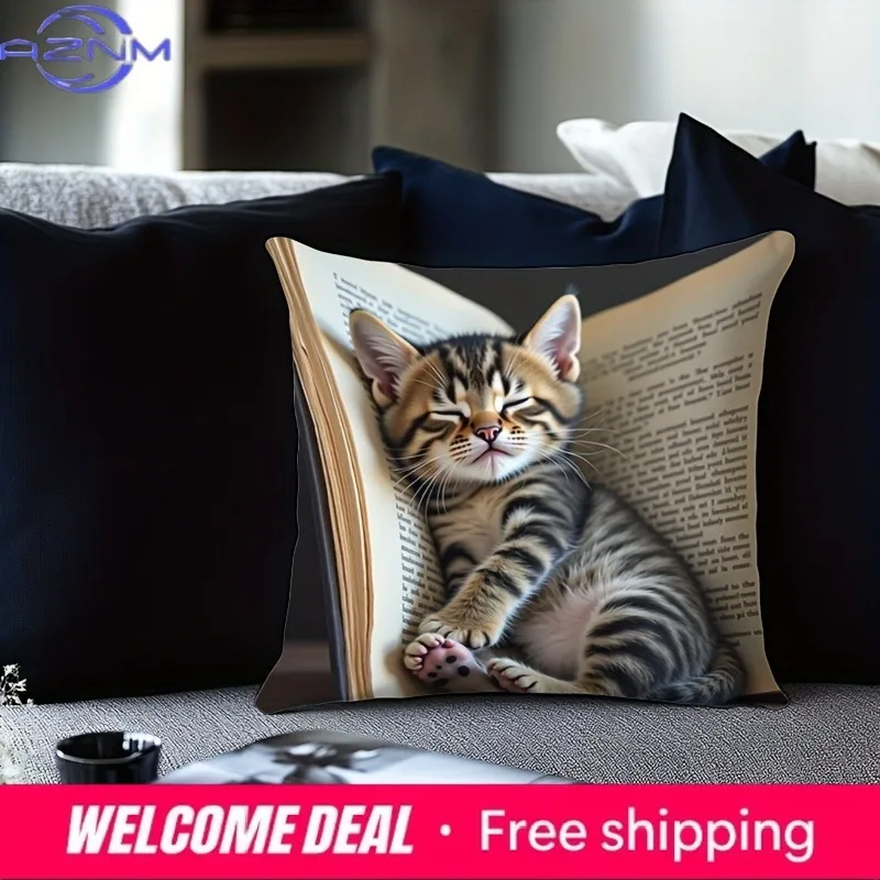 Cuddle Up with Our Adorable Kitten-in-Book Pillowcase! Sofa cushion cover, home room dormitory decoration, 2D printing