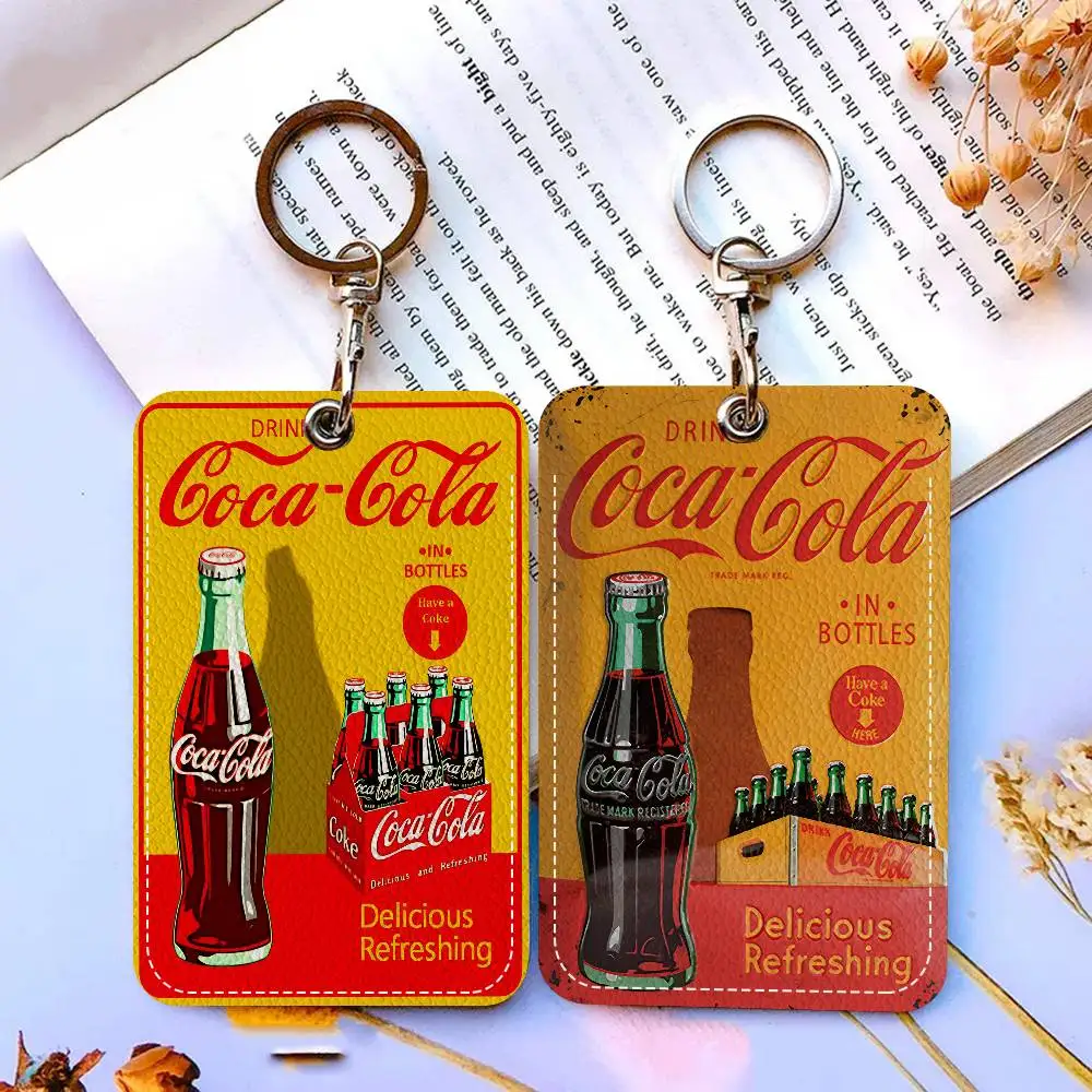C-Coca C-cola-funda rectangular para tarjeta de identificación, llavero, bolsa para tarjeta de acceso, etiqueta para llave, tarjetero de cuero, acceso con llavero