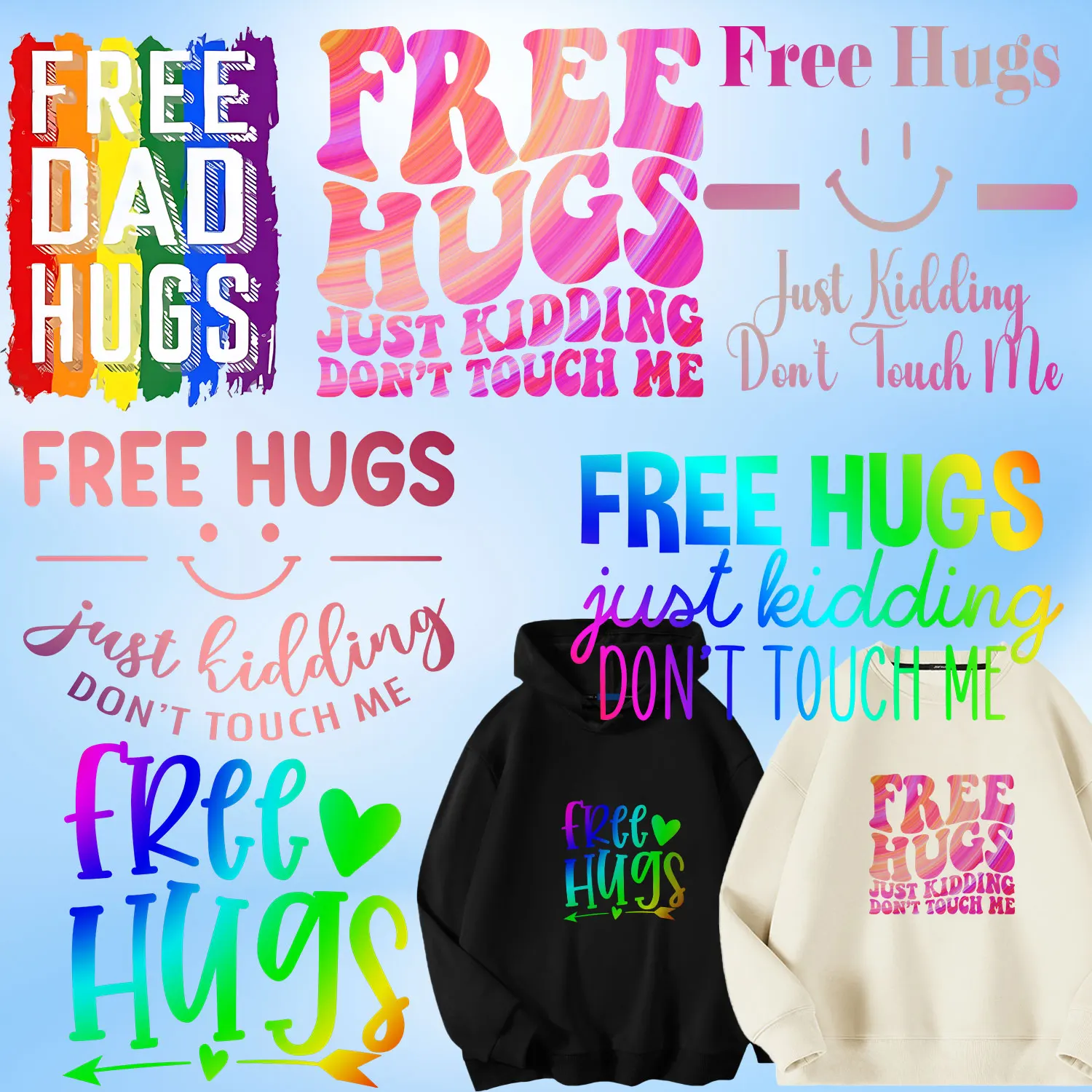 Free Hugs Just Kidding Don't Touch Me Warm Sweet Iron on Picture on Clothes Durable Heat Transfer Prints DIY Decoration