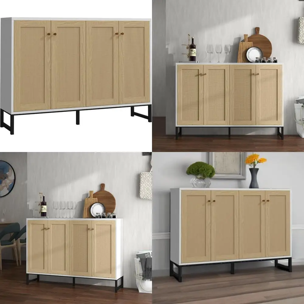 خزانة تخزين جانبية من Panana مزينة بالروطان بأربعة أبواب لغرفة الطعام وطاولة بوفيه للمطبخ قائم بذاته (Wh)