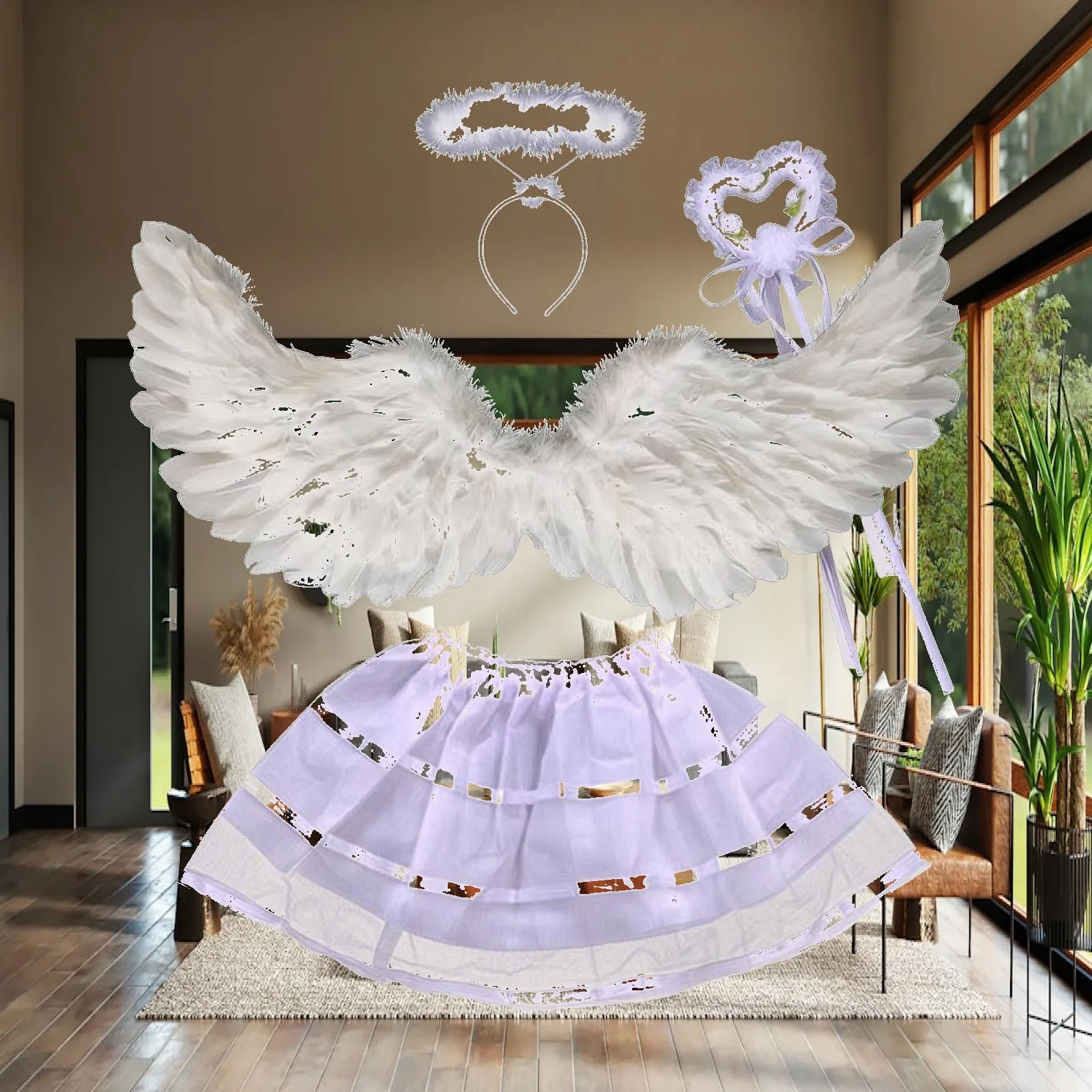 Angel Wings for Girls Costume Set with Magic Rod and Skirt for Themed Dress Up Party