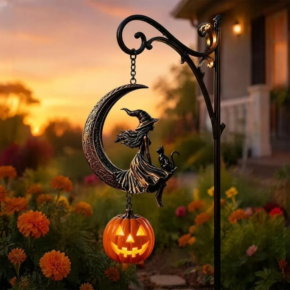Vintage Decor Solar Powered Moon Witch Lantern Vintage Durable Metal Witch on Moon Lantern Wall Mount LED Garden Lantern Patio